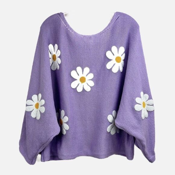 Bibi Daisy Days Print Cropped Sweater Oversized Kimono Sleeves Floral  Purple XL - Picture 3 of 15